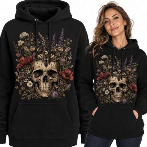 Bluza damska z kapturem - gotycka czaszka z ćmą i kwiatami