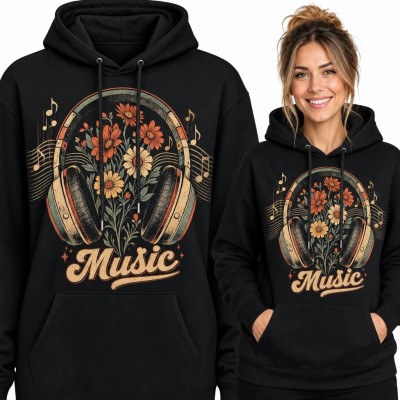 Bluza damska z kapturem „Music” - słuchawki i polne kwiaty w stylu retro