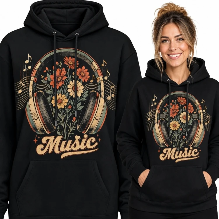 Bluza damska z kapturem „Music” - słuchawki i polne kwiaty w stylu retro