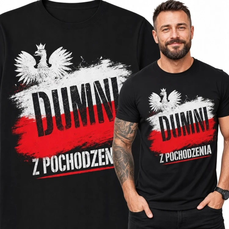 Koszulka męska patriotyczna z orłem w koronie „Dumni z pochodzenia” - biało-czerwony motyw