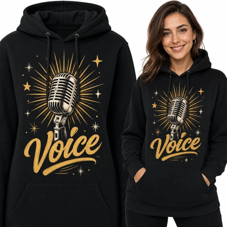 Bluza damska z kapturem z mikrofonem retro „Voice” - muzyczny nadruk