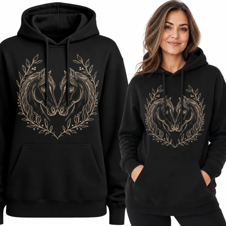 Bluza damska z kapturem z końmi w botanicznym sercu