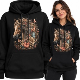 Bluza damska z kapturem - koń wśród kwiatów i motyli