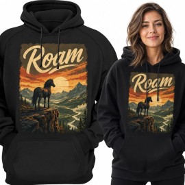 Bluza damska z kapturem „Roam” z koniem w górach - western vintage