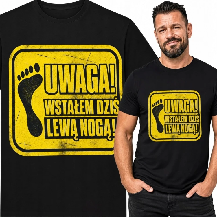 Koszulka męska z żółtym znakiem ostrzegawczym „Uwaga! Wstałem dziś lewą nogą!” - śmieszny nadruk