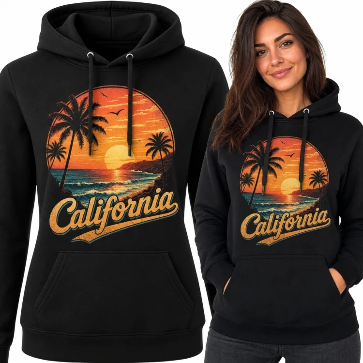 Bluza damska z kapturem z palmami i zachodem słońca „California” - retro