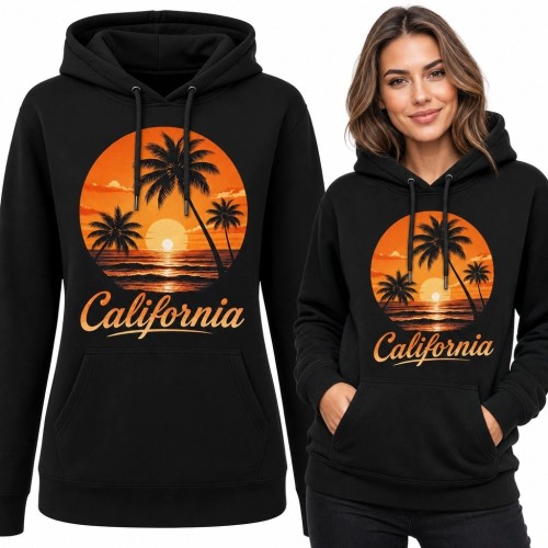 Bluza damska z kapturem „California” - zachód słońca i palmy w stylu retro