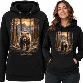 Bluza damska z kapturem z niedźwiedziem w górskim lesie - vintage outdoor