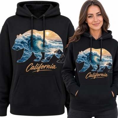 Bluza damska z kapturem z niedźwiedziem i napisem „California”