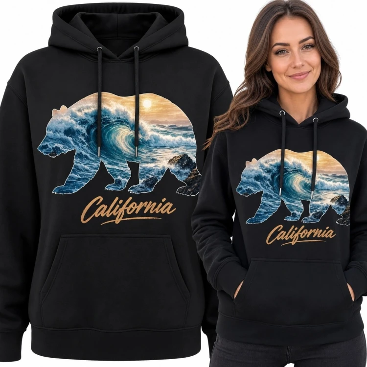 Bluza damska z kapturem z niedźwiedziem i napisem „California”