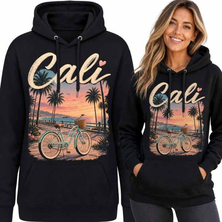 Bluza damska z kapturem „Cali” - kalifornijski zachód słońca, rower i palmy