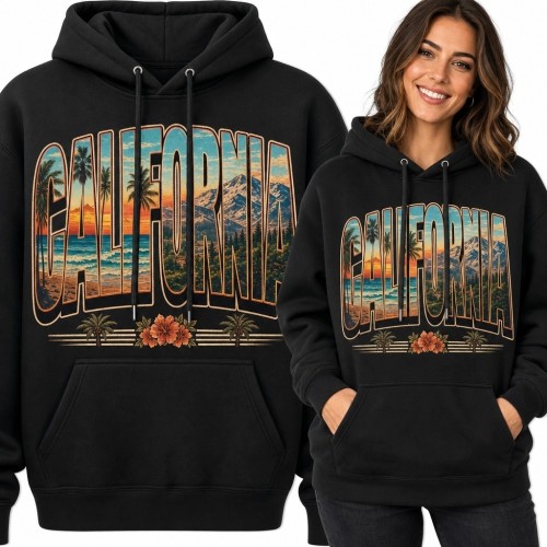 Bluza damska z kapturem „California” - retro pejzaż wybrzeża, gór i palm