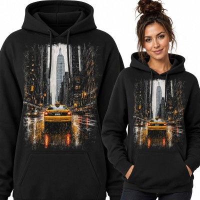 Bluza damska z kapturem z żółtą taksówką i panoramą Nowego Jorku - filmowy Manhattan