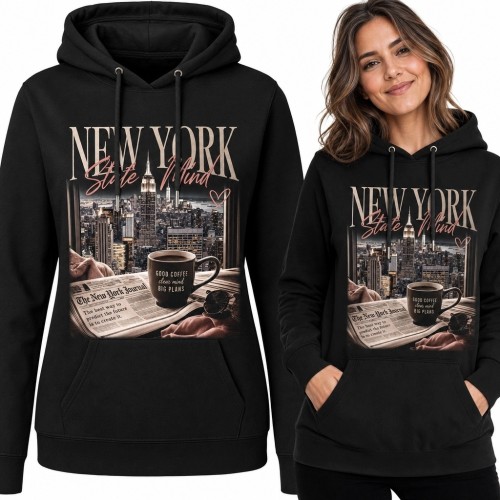 Bluza damska z kapturem „New York State of Mind” - miejski kolaż z kawą