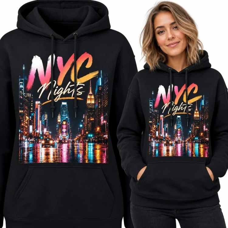 Bluza damska z kapturem z neonową panoramą Nowego Jorku „NYC Nights”