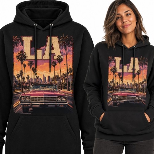 Bluza damska z kapturem „LA” z klasycznym samochodem - kalifornijskie retro