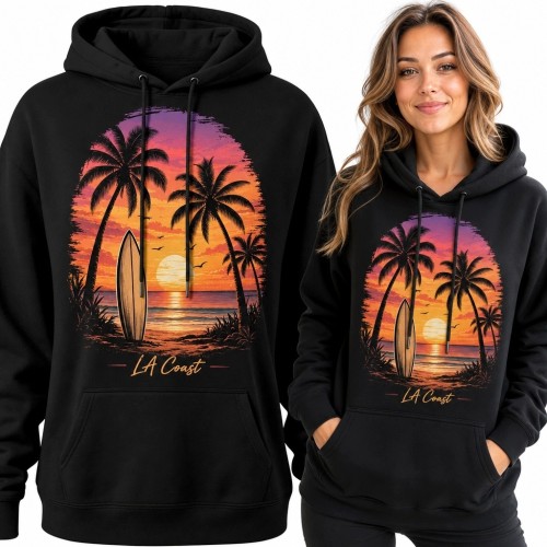 Bluza damska z kapturem - surfingowy zachód słońca z palmami