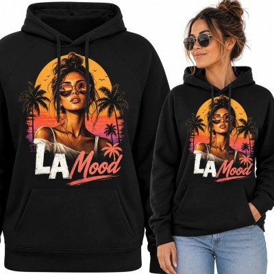 Bluza damska z kapturem „LA Mood” - portret kobiety, palmy i zachód słońca