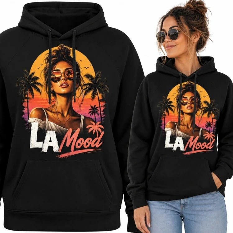 Bluza damska z kapturem „LA Mood” - portret kobiety, palmy i zachód słońca
