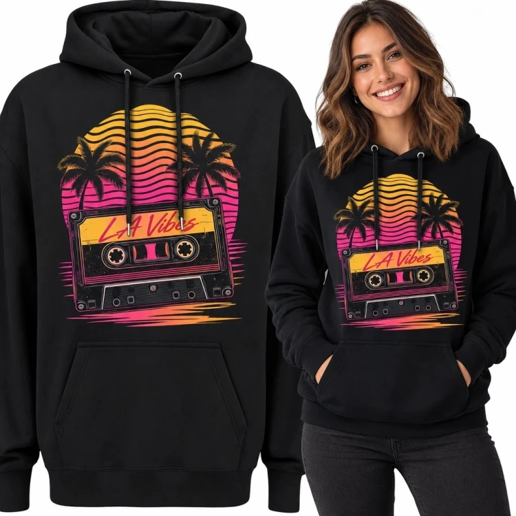 Bluza damska z kapturem z kasetą „L.A Vibes” - neonowy zachód słońca