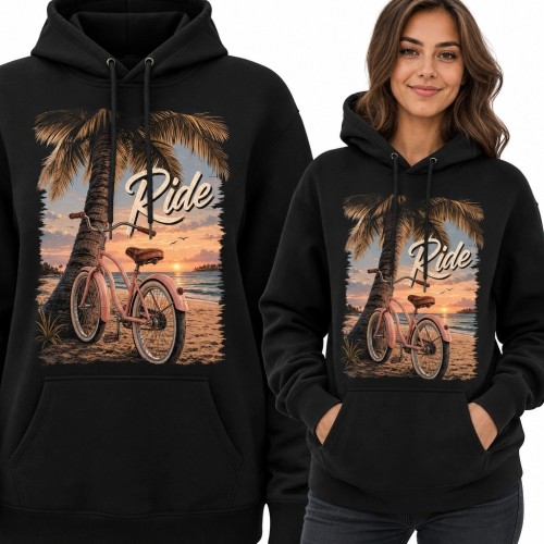 Bluza damska z kapturem „Ride” - rower na tropikalnej plaży