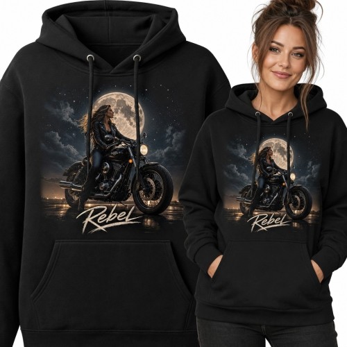 Bluza damska z kapturem „Rebel” - motocyklistka na tle pełni księżyca