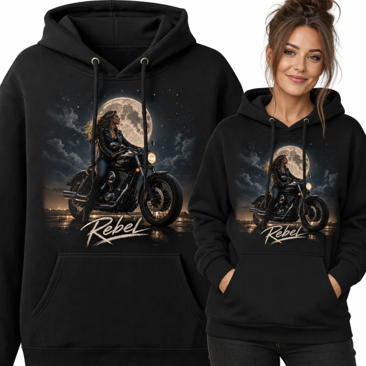 Bluza damska z kapturem „Rebel” - motocyklistka na tle pełni księżyca