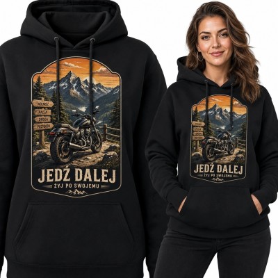Bluza damska z kapturem - motocykl w górach „Jedź dalej - żyj po swojemu”