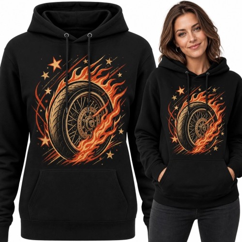 Bluza damska z kapturem z płonącym kołem motocyklowym - retro tattoo