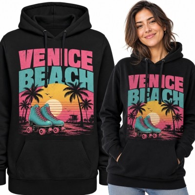 Bluza damska z kapturem „Venice Beach” z wrotkami - retro Kalifornia