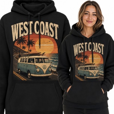 Bluza damska z kapturem „West Coast” - retro van surfingowy i zachód słońca