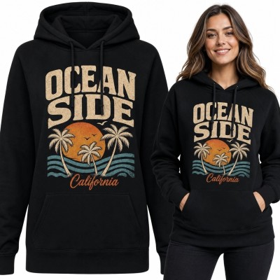 Bluza damska z kapturem z nadrukiem „Ocean Side” - kalifornijski zachód słońca i palmy