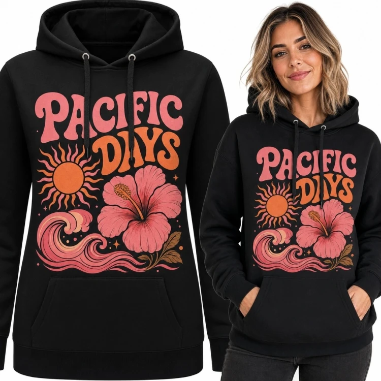 Bluza damska z kapturem „Pacific Days” - tropikalny wzór retro surf