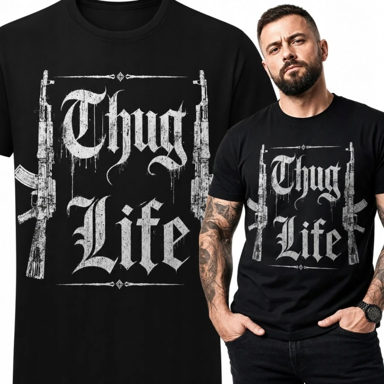 Koszulka męska „Thug Life” - gotycki streetwear z karabinami