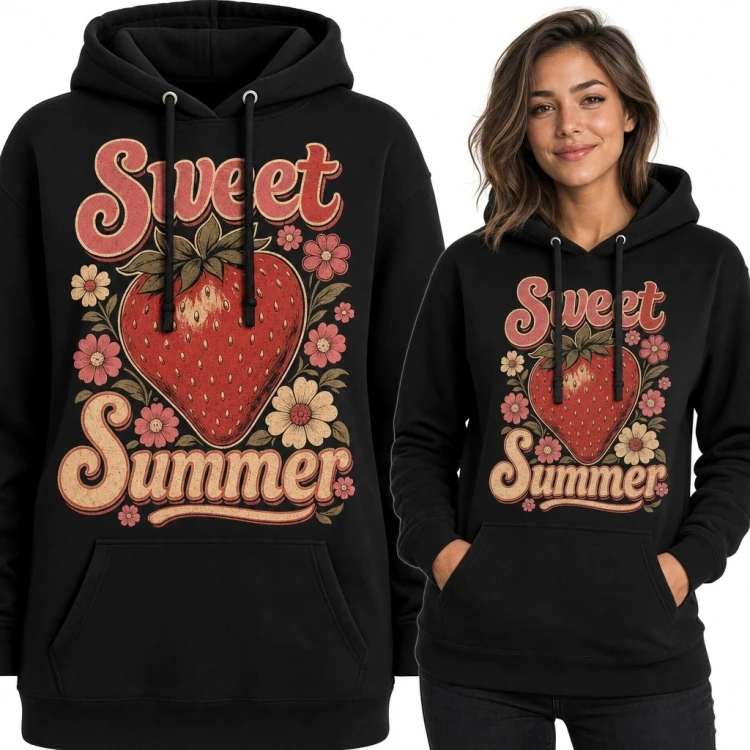 Bluza damska z kapturem „Sweet Summer” z truskawką i kwiatami - retro