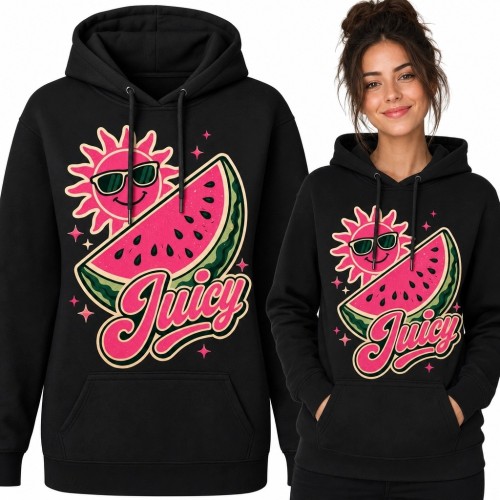 Bluza damska z kapturem z arbuzem i słońcem „Juicy” - wakacyjny nadruk retro