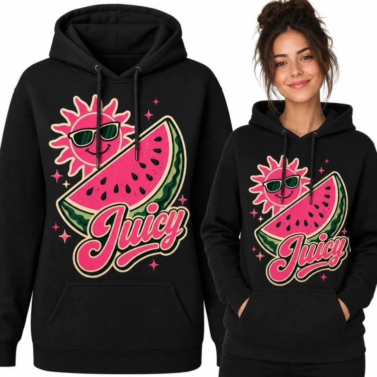 Bluza damska z kapturem z arbuzem i słońcem „Juicy” - wakacyjny nadruk retro