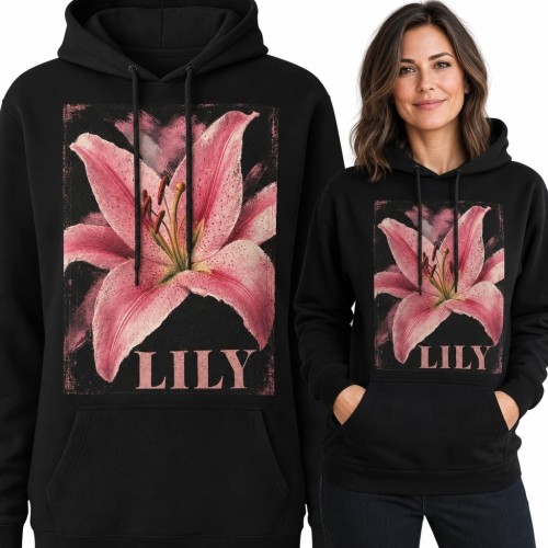 Bluza damska z kapturem z różową lilią i napisem „Lily” - czarna