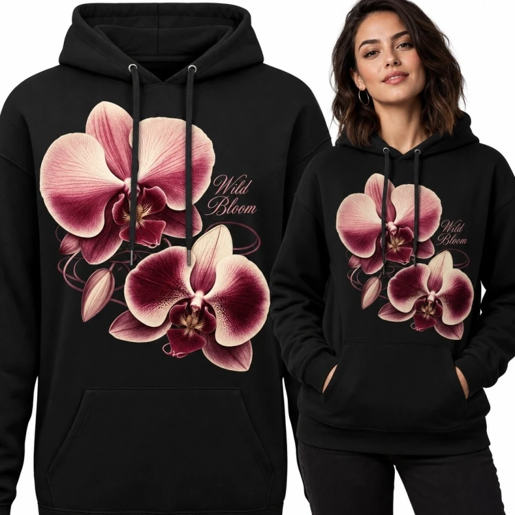 Bluza damska z kapturem - duże różowo-burgundowe orchidee