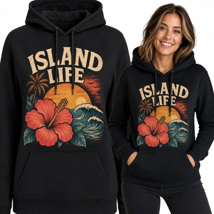 Bluza damska z kapturem z tropikalnym motywem „Island Life” - hibiskus i ocean