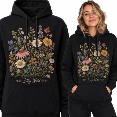 Bluza damska z kapturem z bukietem polnych kwiatów - botaniczny wzór