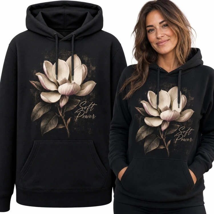 Bluza damska z kapturem z magnolią „Soft Power” - botaniczny nadruk