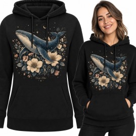 Bluza damska z kapturem - wieloryby wśród kwiatów pod nocnym niebem