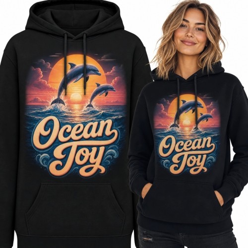 Bluza damska z kapturem z delfinami „Ocean Joy” - zachód słońca nad oceanem