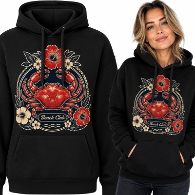 Bluza damska z kapturem z czerwonym krabem i tropikalnymi kwiatami - marynistyczne retro