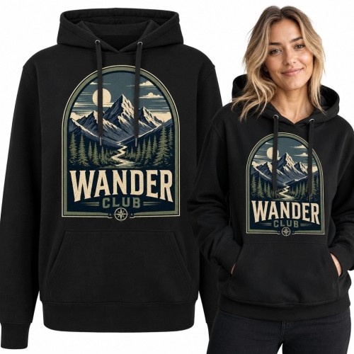 Bluza damska z kapturem „Wander Club” - góry, las i zachód słońca