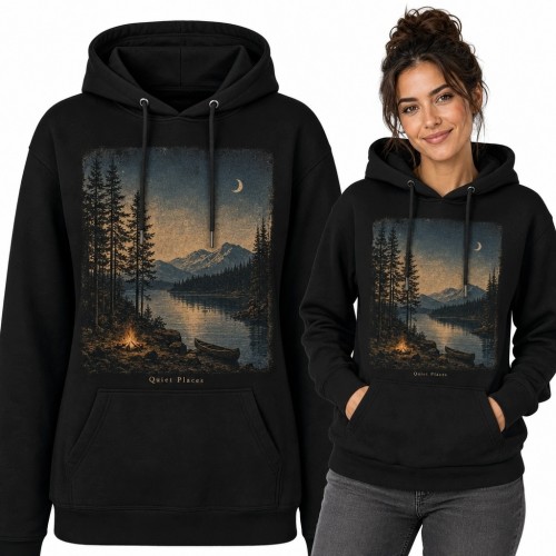 Bluza damska z kapturem - górskie jezioro i biwak o zmierzchu