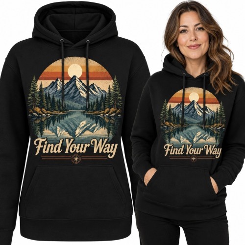 Bluza damska z kapturem „Find Your Way” - góry i jezioro w stylu retro