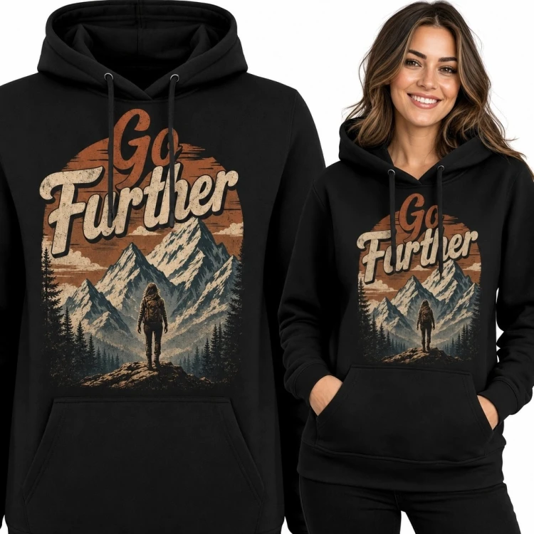 Bluza damska z kapturem „Go Further” - góry i samotny wędrowiec