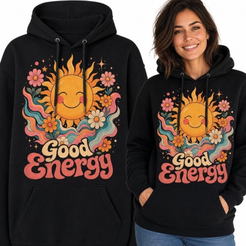Bluza damska z kapturem „Good Energy” ze słońcem i kwiatami - retro boho